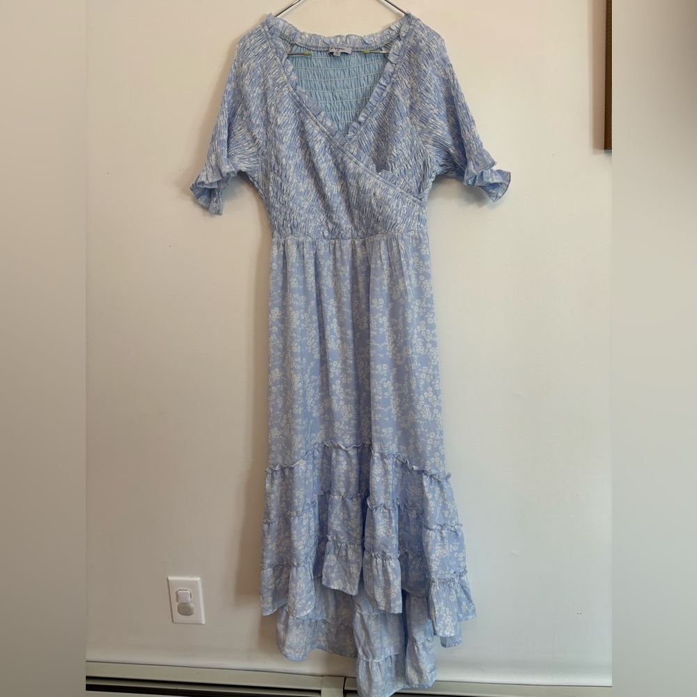 PinkBlush Maternity Polagram Blue/White Hi-Lo Ruffle Dress